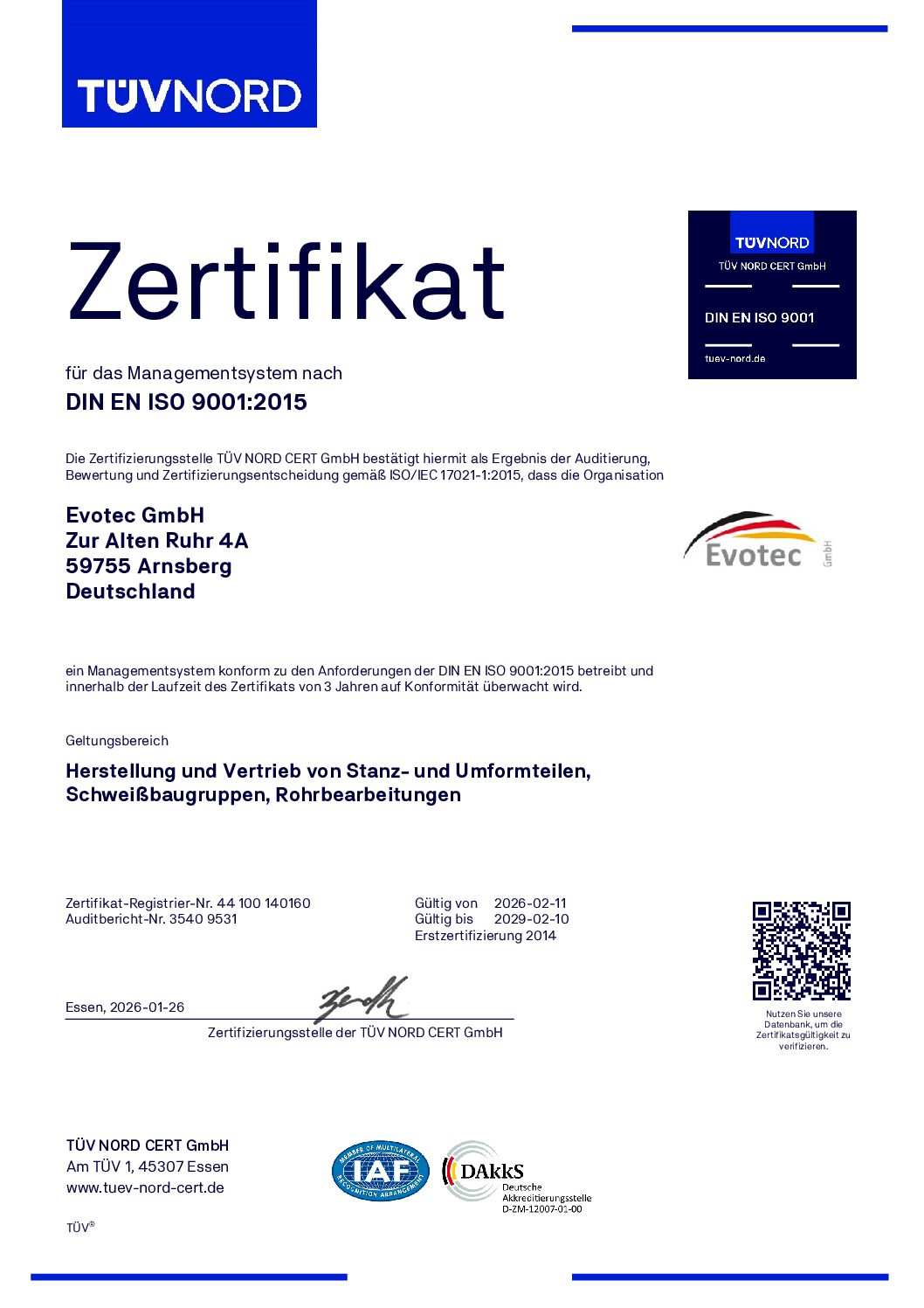 DIN EN ISO 9001:2015 certificate German - Evotec GmbH