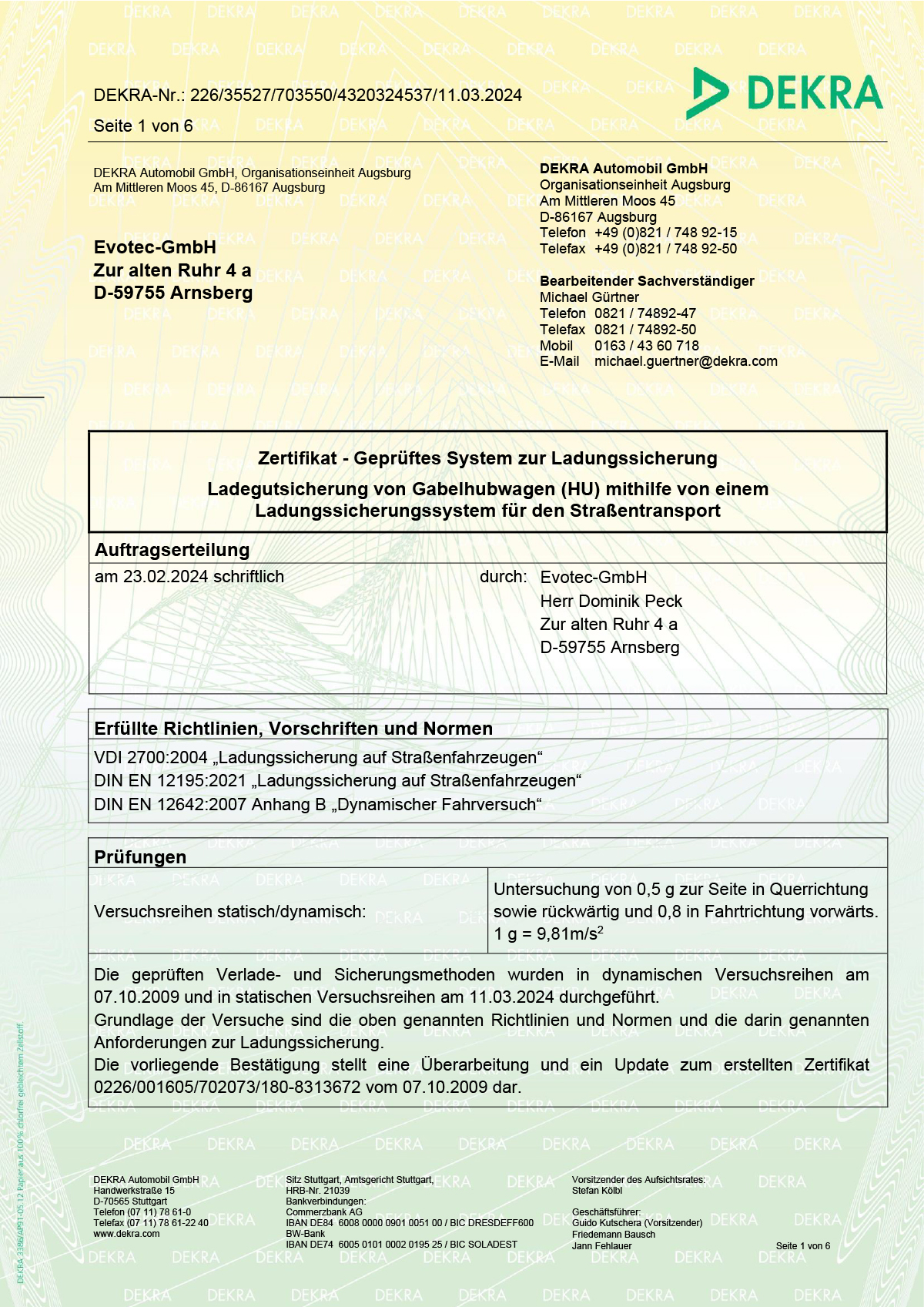 DEKRA Pruefzertifikat Hubwagensicherung Evotec GmbH