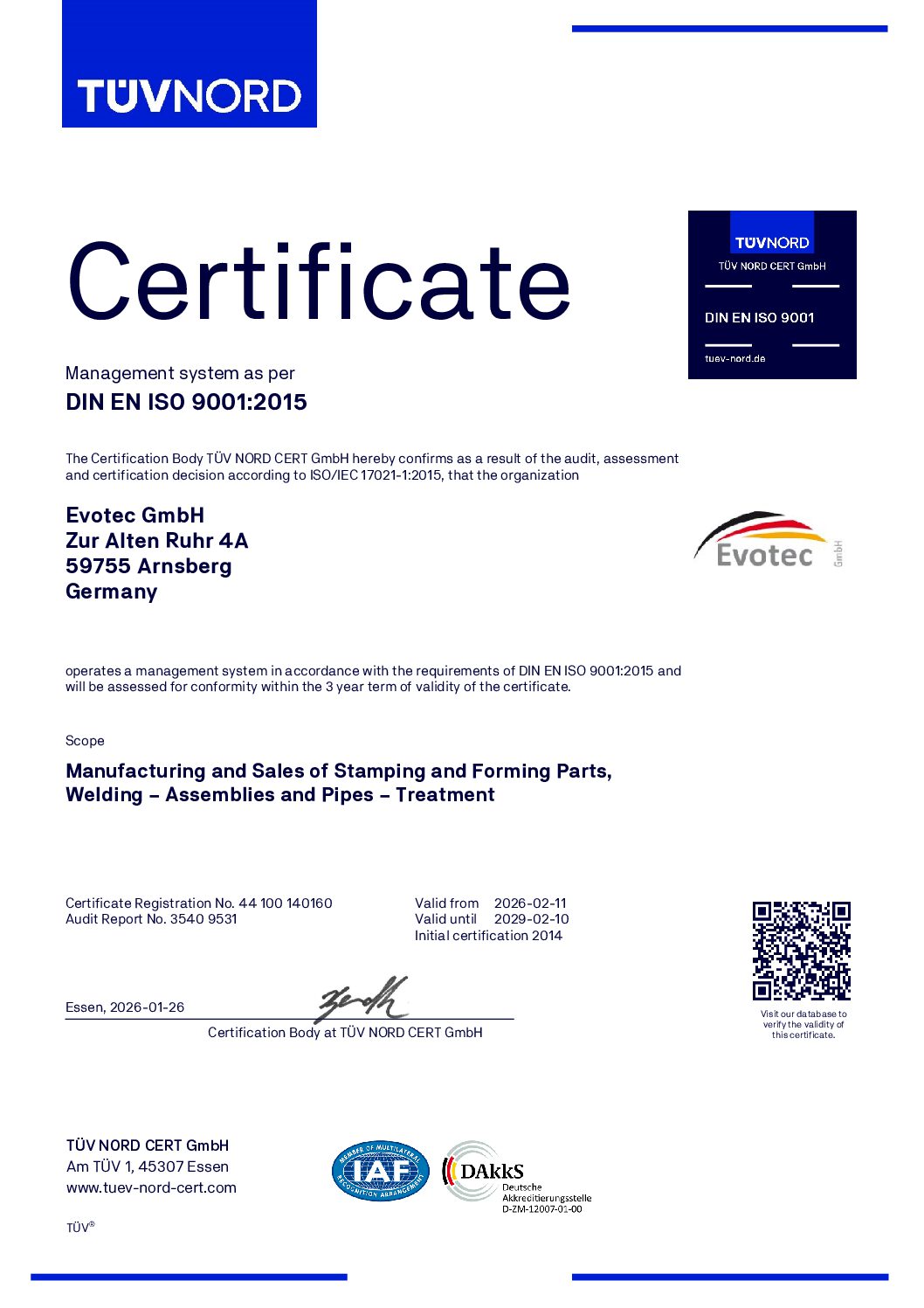 DIN EN ISO 9001:2015 sertifikası İngilizce - Evotec GmbH